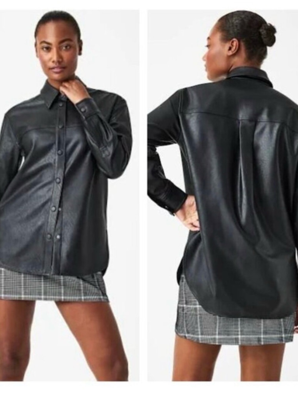 SPANX Black Faux Leather Button-Front Shirt Jacket